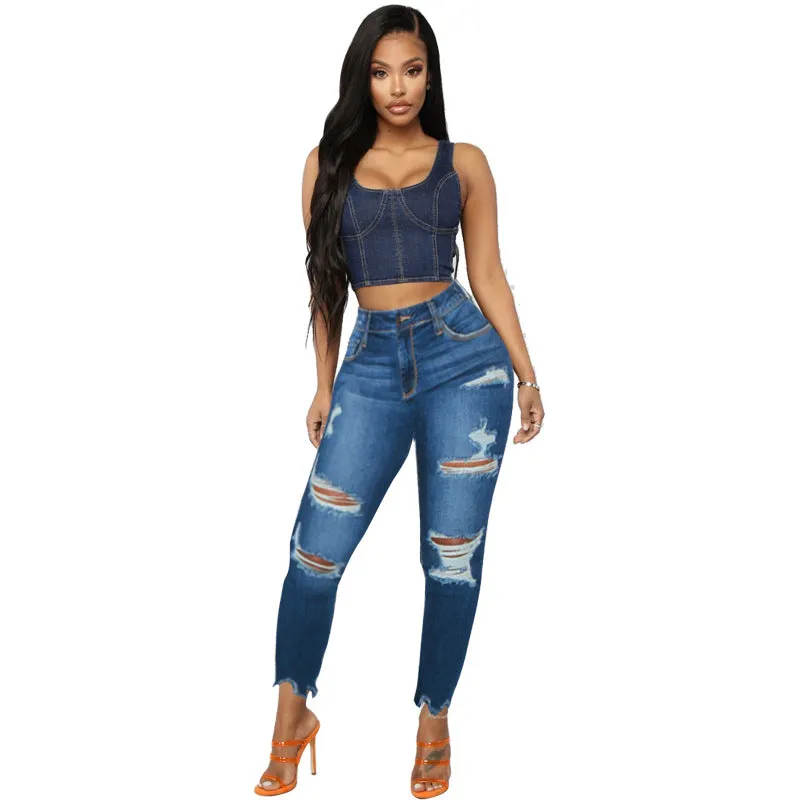 2023 New Women Plus Size Ripped Stretch Skinny Jeans High Rise Distressed Denim Jeggings