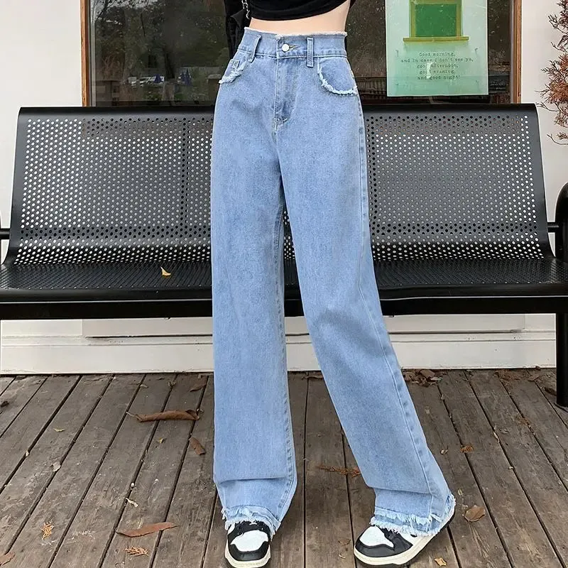 2024 Blue Straight Basic Loose Casual Full-Length Women Jeans