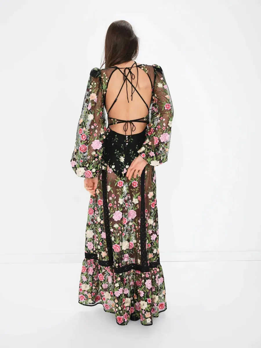 2024 Women Backless See-through V-Neck Long Sleeve Floral Dress