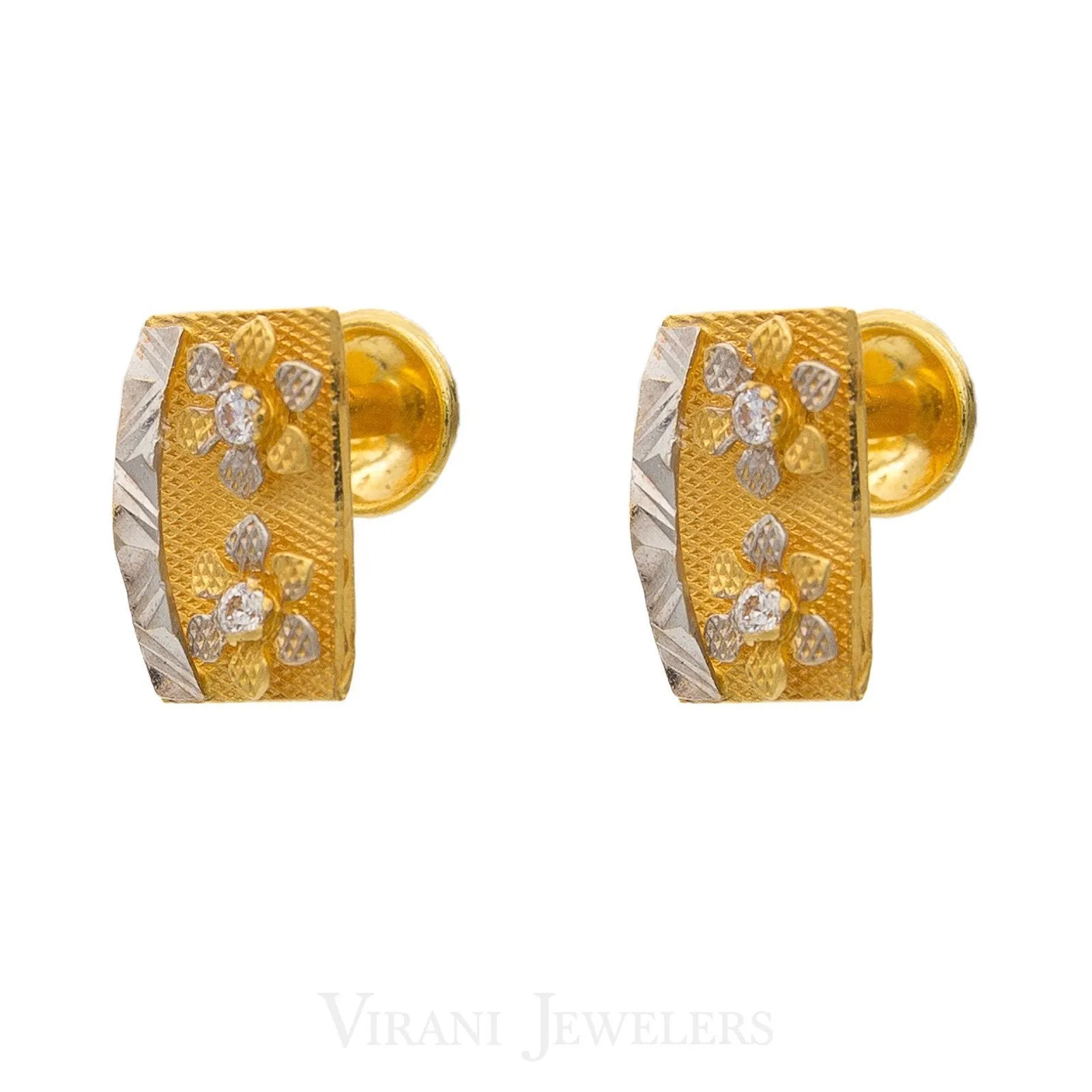 22K Multitone Floral Rectangular Gold Stud Earrings