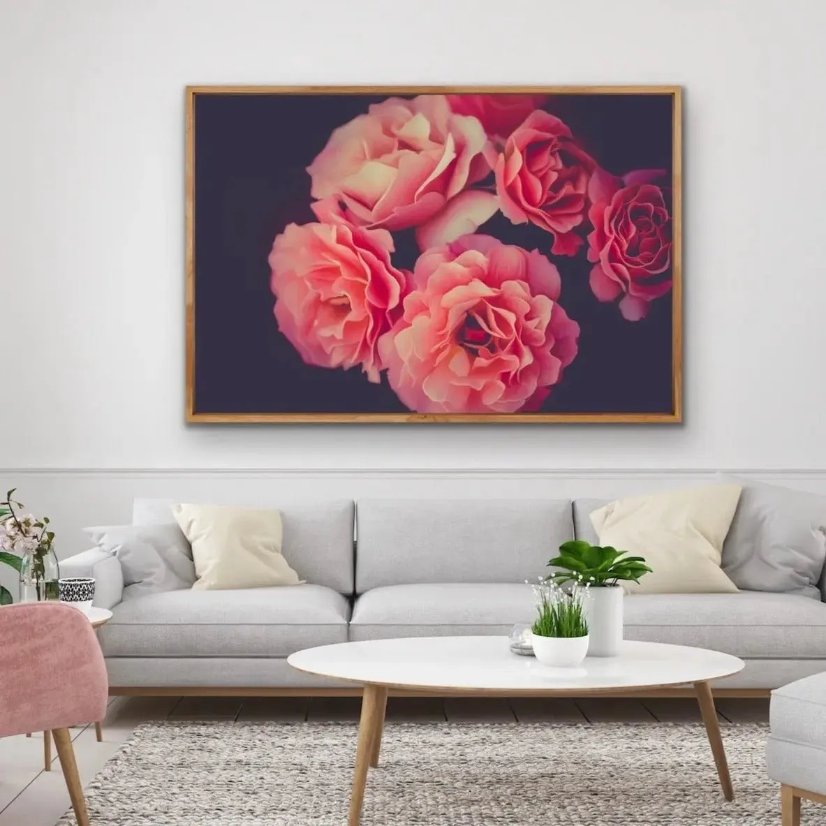 A Twist Of Fate - Navy and Pink Rose Artwork Stretched Canvas Wall Art