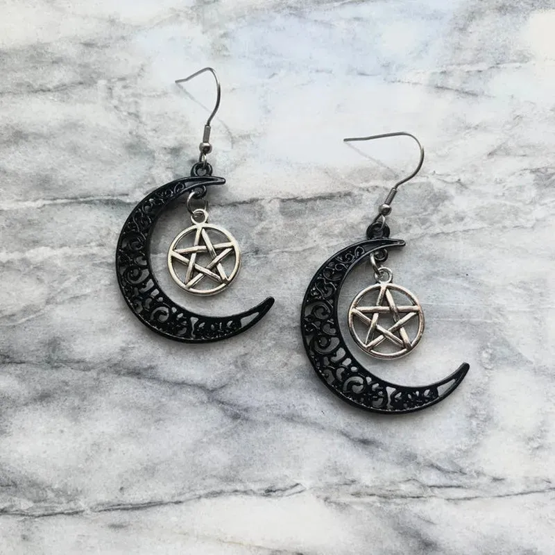 Black Luna Pentagram Earrings