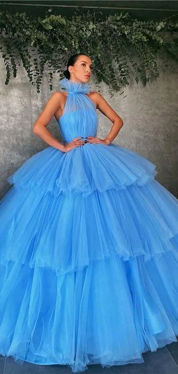 Blue Tulle Gorgeous High Neck Women Fashion Long Prom Dresses, Ball Gown PD195