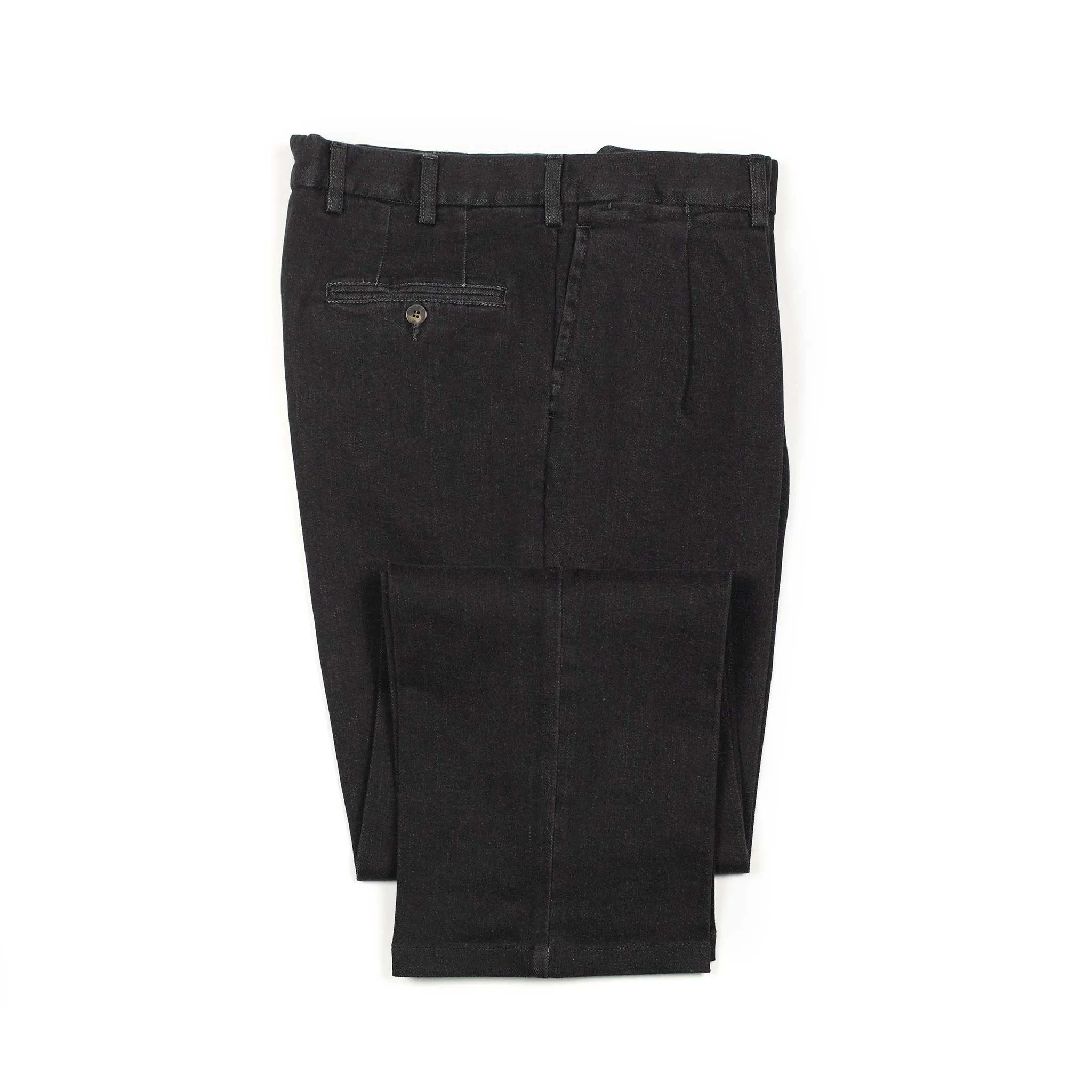 Brooklyn double-pleat high-rise wide fit trousers in black cotton denim