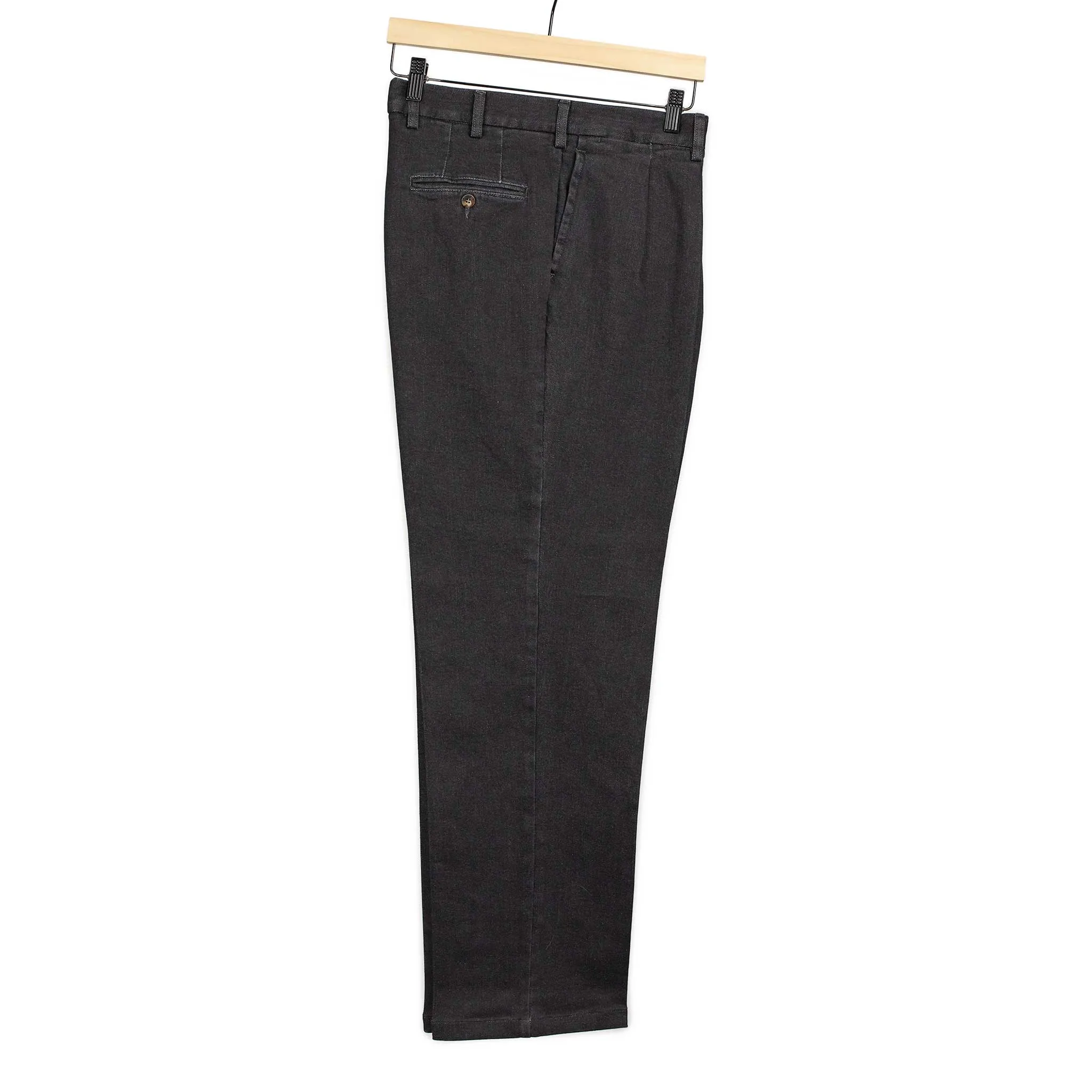 Brooklyn double-pleat high-rise wide fit trousers in black cotton denim