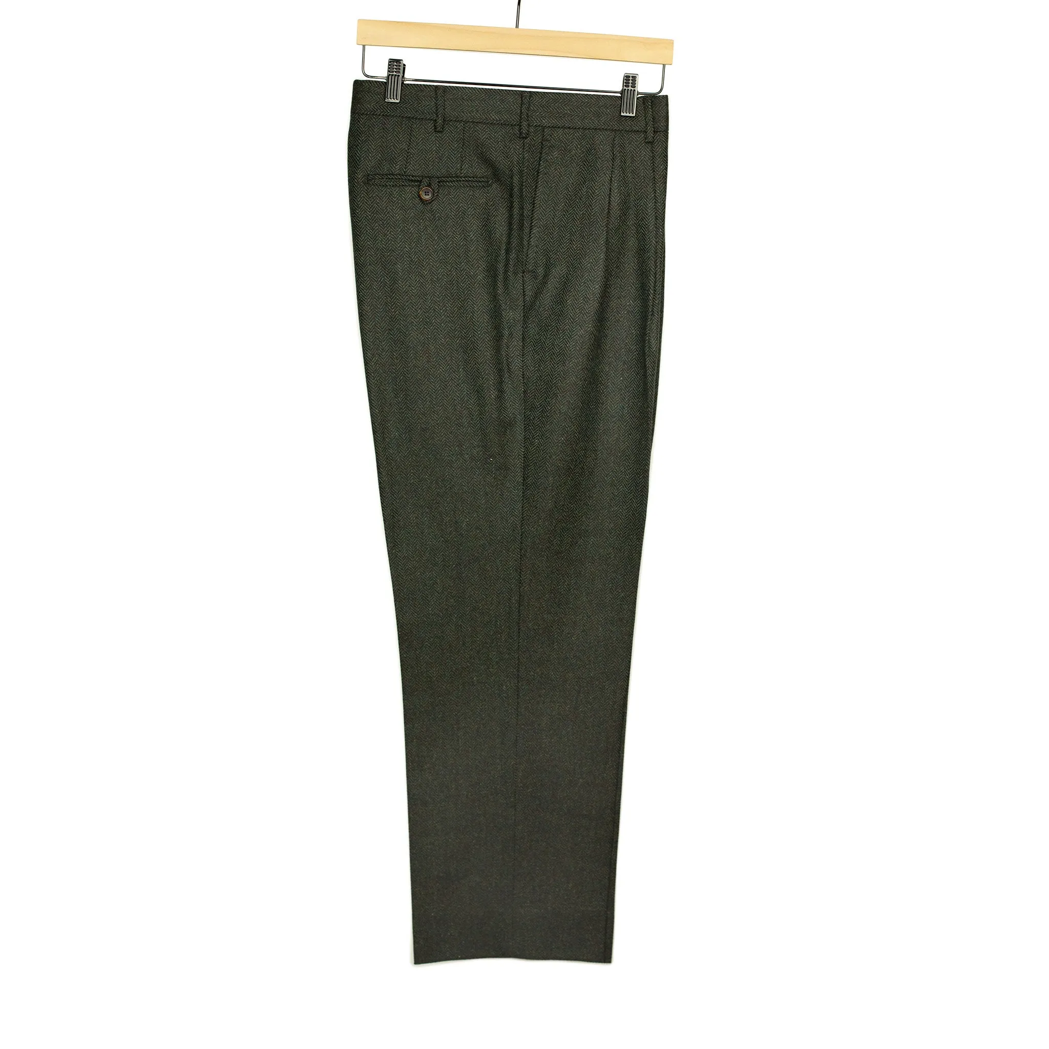 Brooklyn double-pleat high-rise wide fit trousers in dark green tweed-like herringbone wool cashmere (restock)