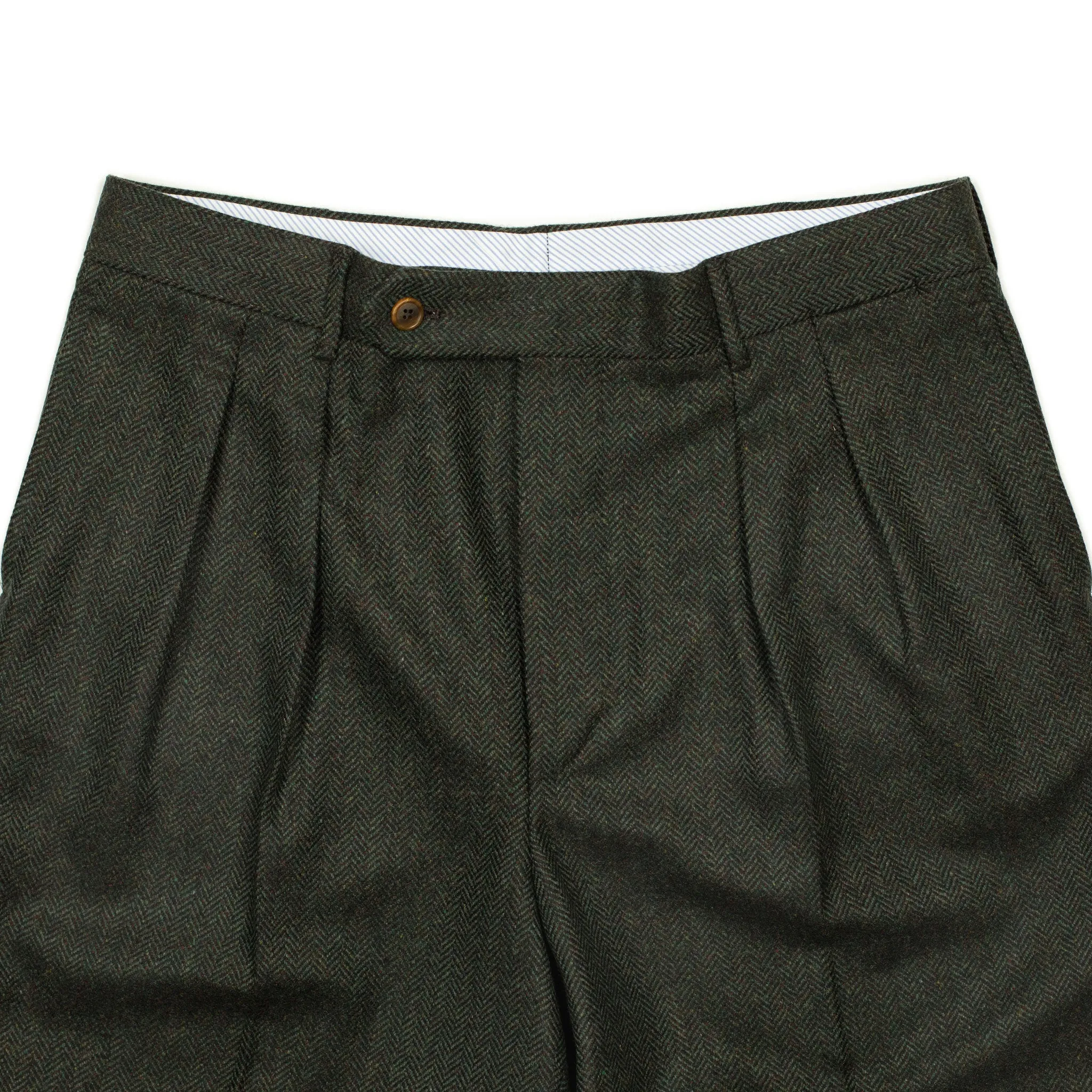 Brooklyn double-pleat high-rise wide fit trousers in dark green tweed-like herringbone wool cashmere (restock)