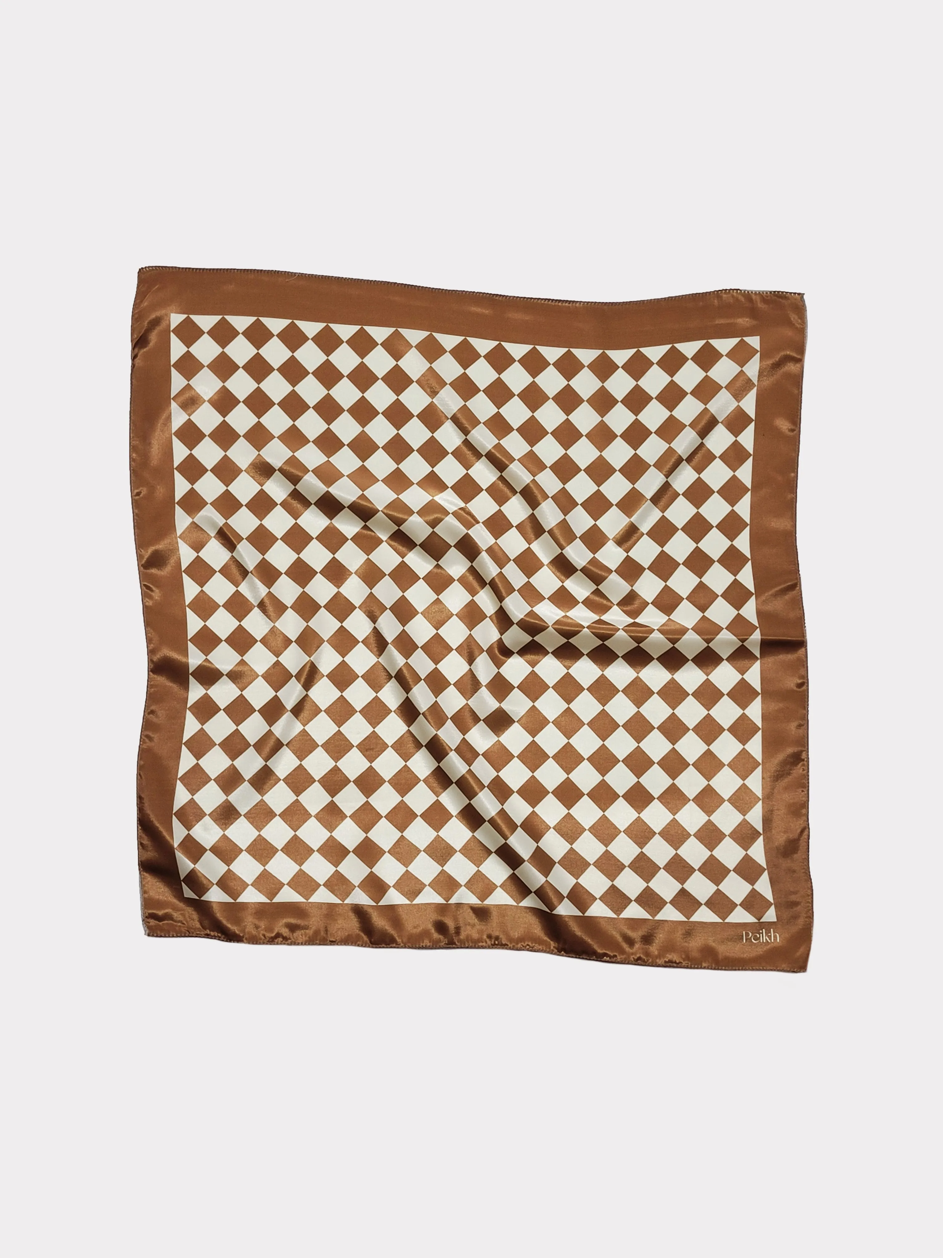 Brown Checks Printed Satin Scarf (20.5 x 20.5 Inches)