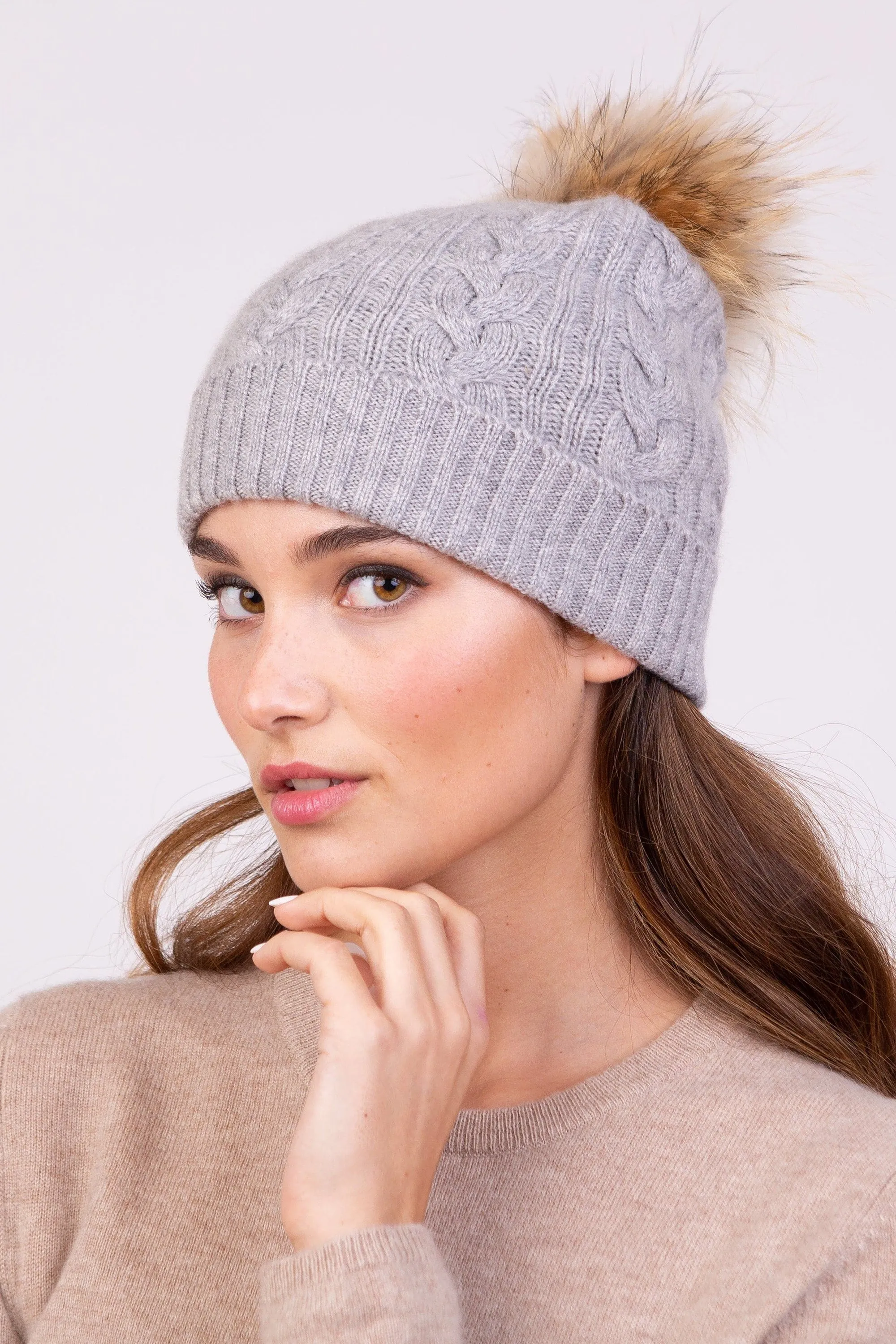 Cable Knit Pom Pom Hat - Oyster Grey