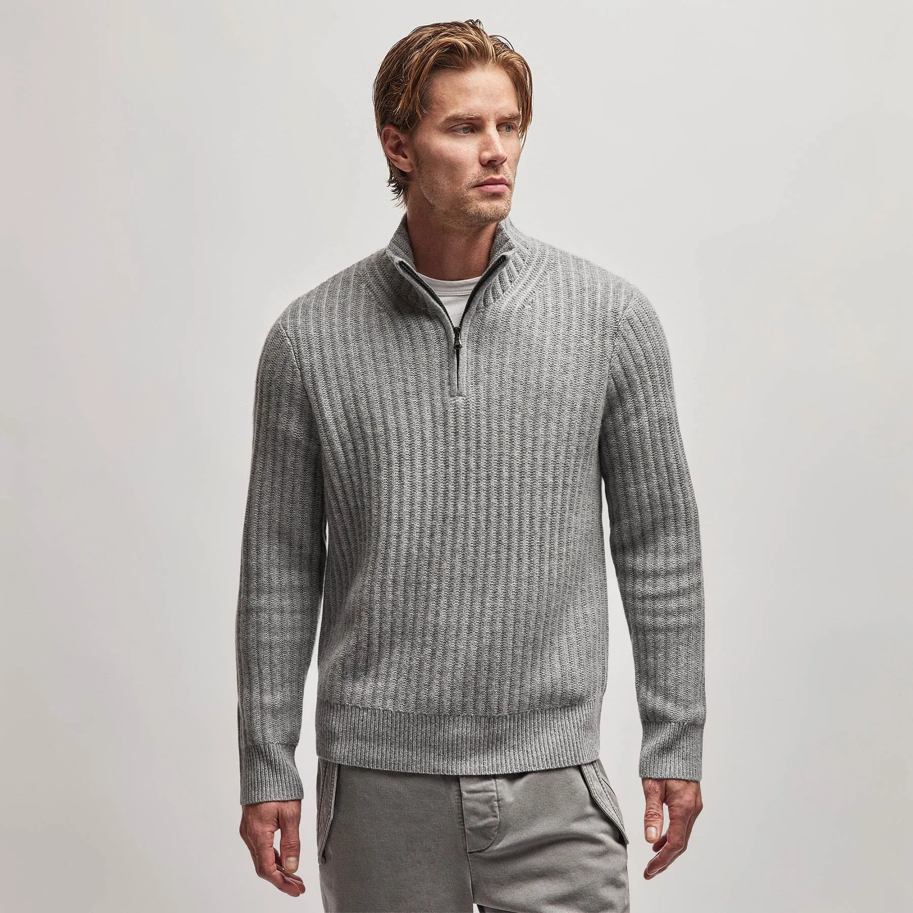 Cashmere Rib Half Zip Sweater - Heather Grey