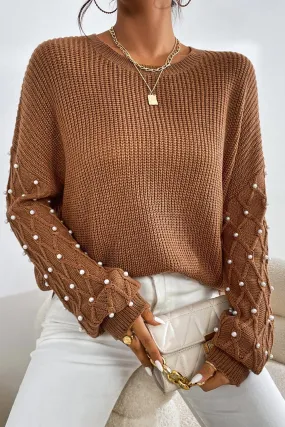 Chestnut Beaded Drop Shoulder Round Neck Sweater