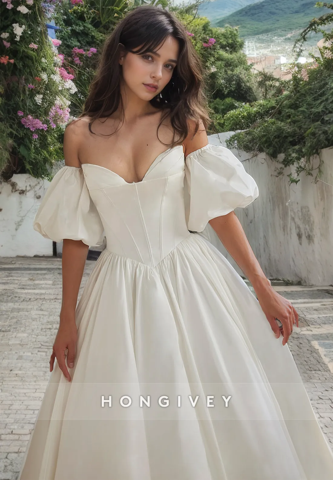 Chic Satin A-Line Sweetheart Puff Sleeves Wedding Dress