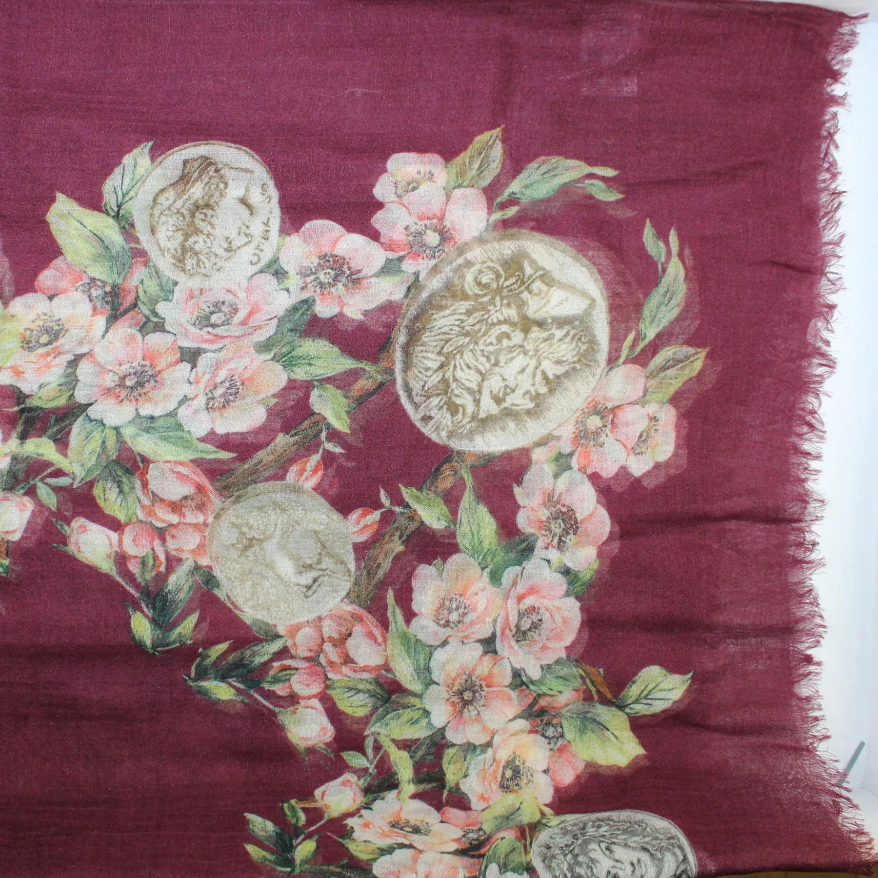 Dolce & Gabbana Scarf Maroon Floral & Ancient Coins - Extra Large Silk Shawl SALE