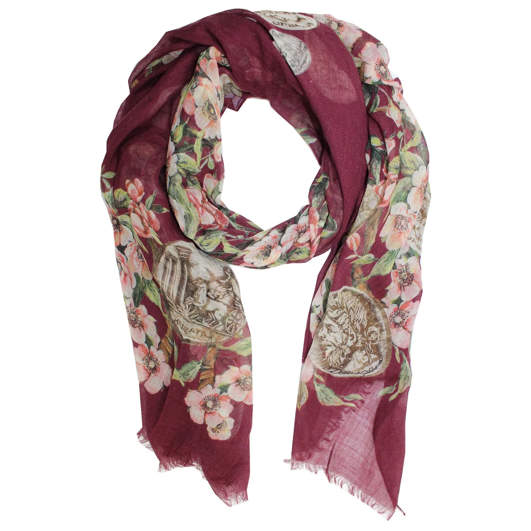 Dolce & Gabbana Scarf Maroon Floral & Ancient Coins - Extra Large Silk Shawl SALE