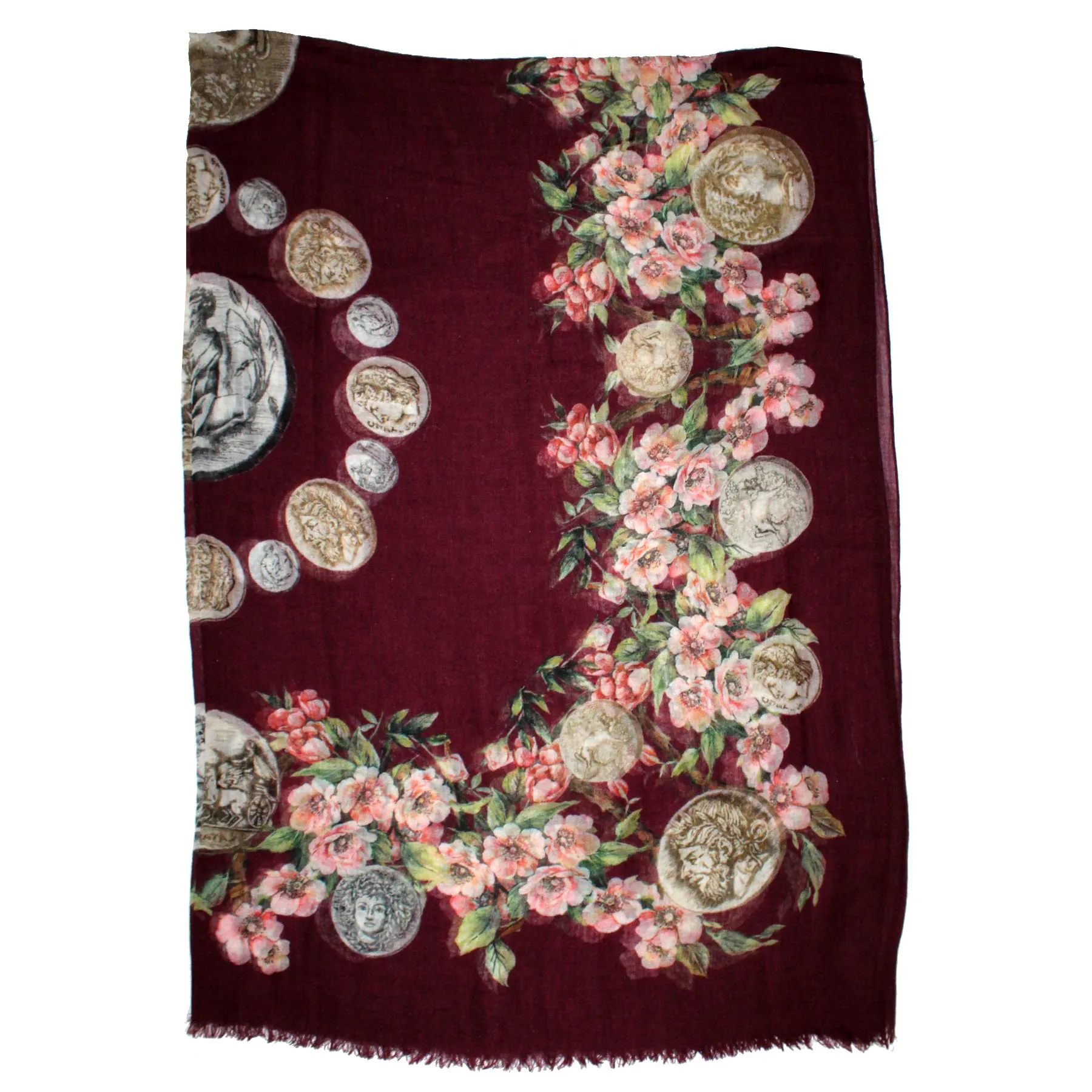 Dolce & Gabbana Scarf Maroon Floral & Ancient Coins - Extra Large Silk Shawl SALE