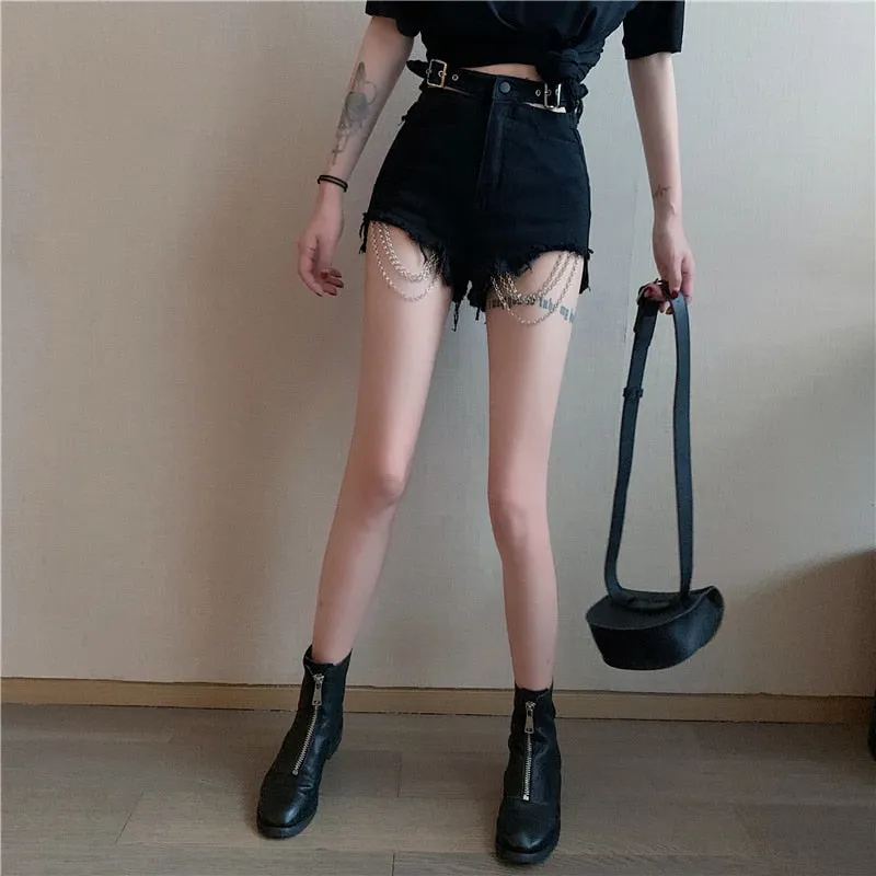 DressBetty - Vintage Gothic Black Hole Chain Denim Short Harajuku Female Sexy Shorts