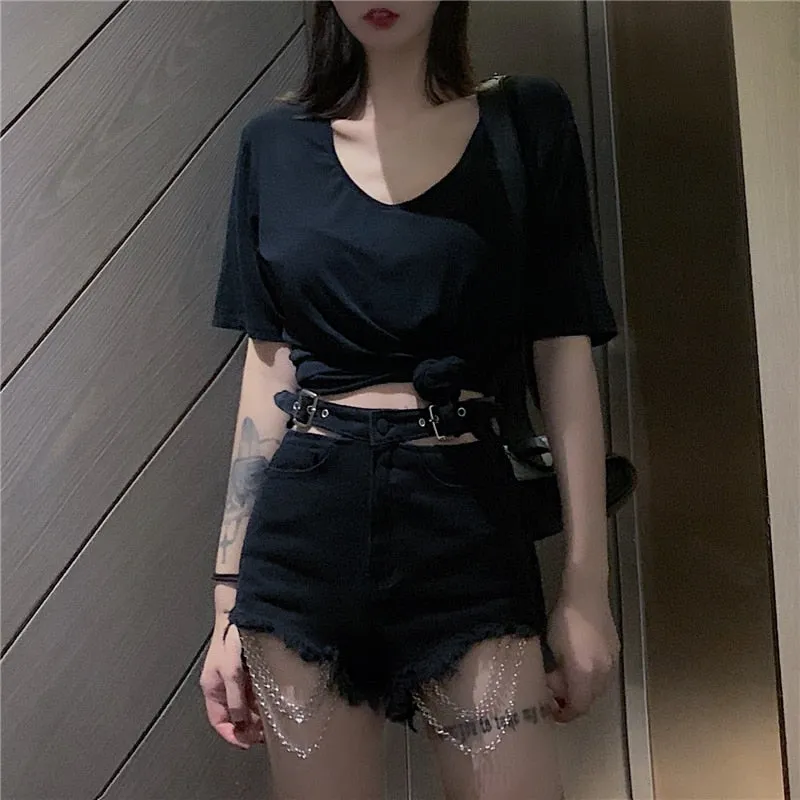 DressBetty - Vintage Gothic Black Hole Chain Denim Short Harajuku Female Sexy Shorts