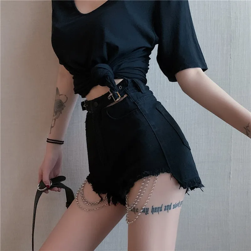 DressBetty - Vintage Gothic Black Hole Chain Denim Short Harajuku Female Sexy Shorts