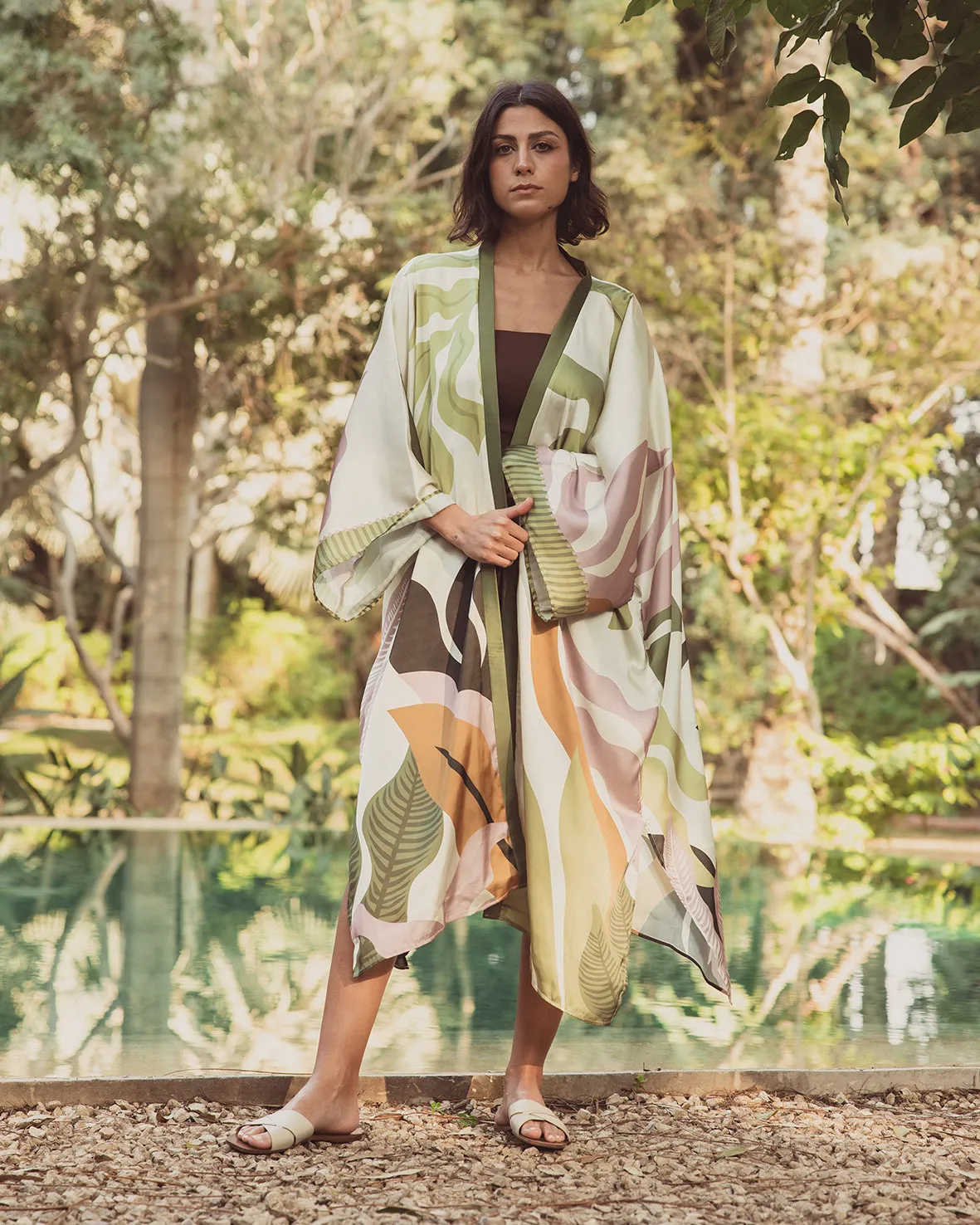 Enchanted Oasis Long Satin Kimono