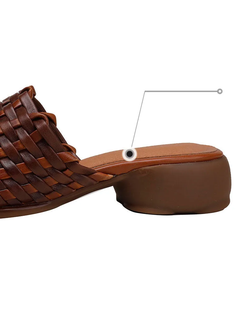 Genuine Leather Woven Slippers Wide Mules for Women