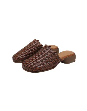 Genuine Leather Woven Slippers Wide Mules for Women