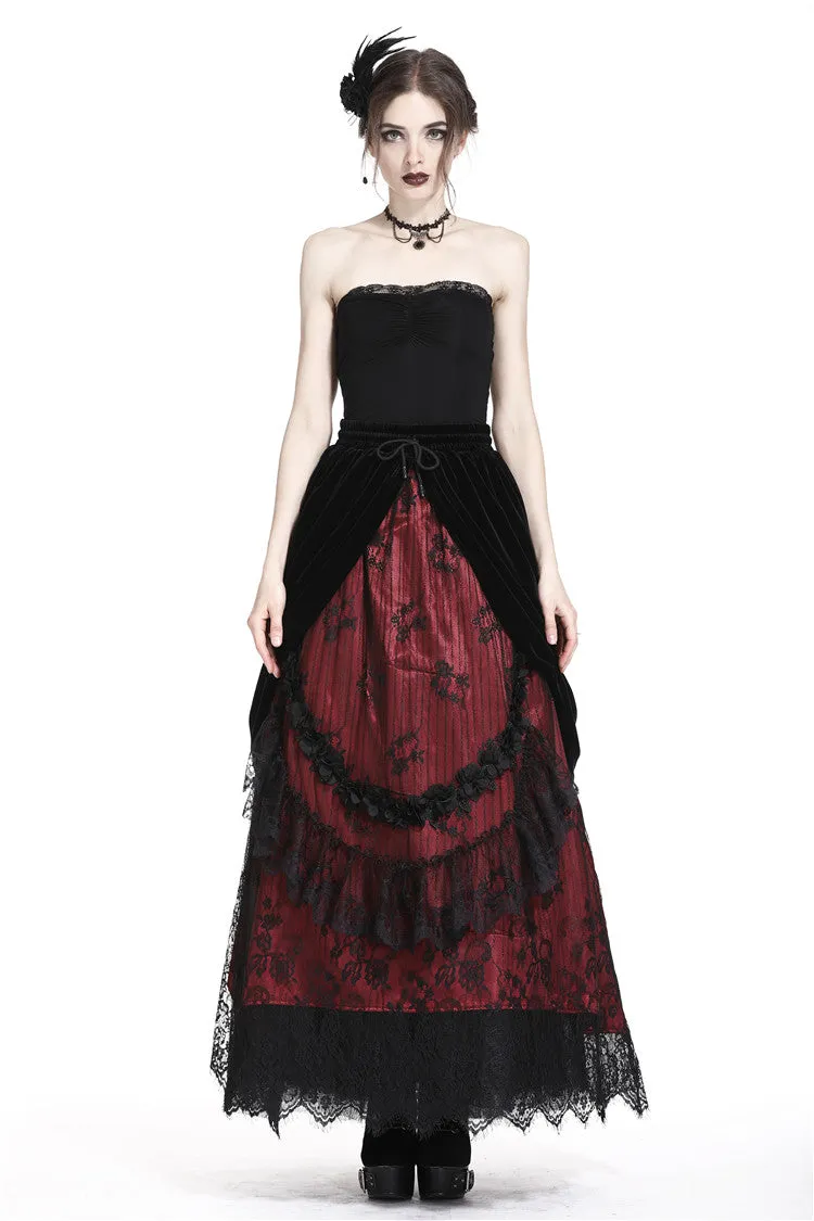 Gothic Black red wave velvet lace maxi skirt KW133RD