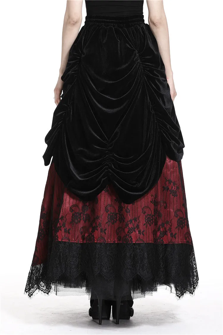 Gothic Black red wave velvet lace maxi skirt KW133RD