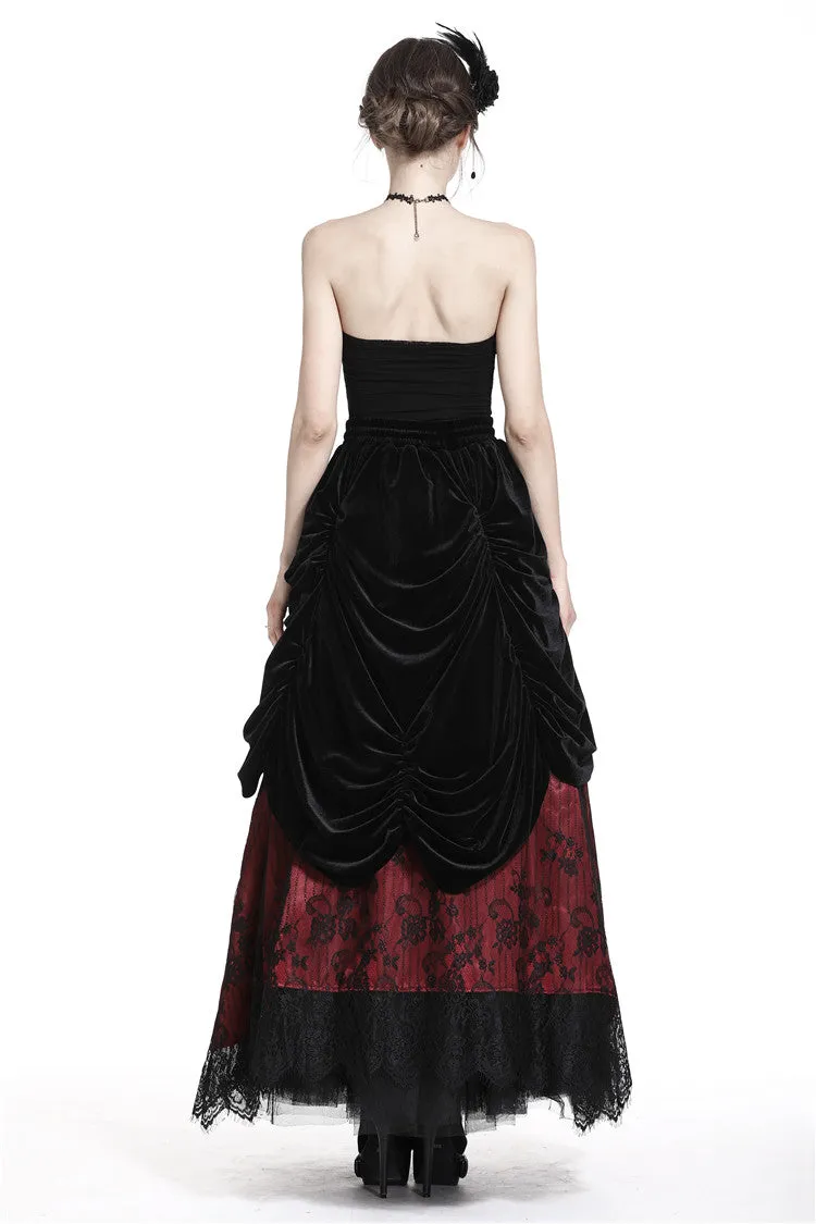 Gothic Black red wave velvet lace maxi skirt KW133RD