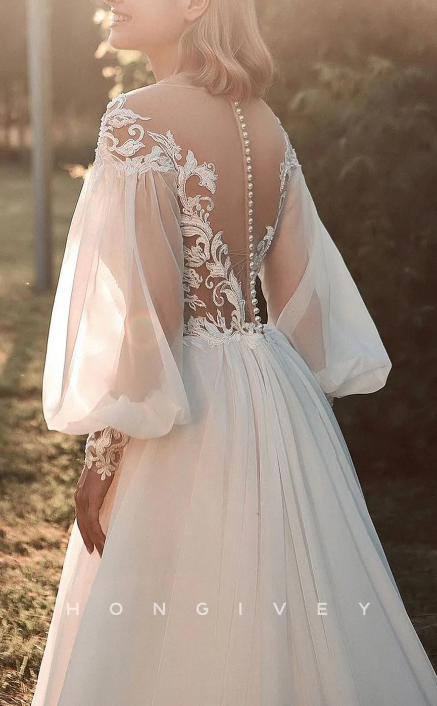 H1223 - Sexy A-line Illusion Round Long Sleeve Empire Appliques With Train Boho Wedding Dress