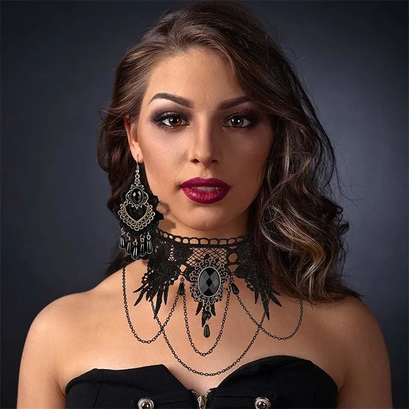 Handmade Exaggerated Jewelry Set Gothic Jewelry Black Lace Necklace &amp; Earring Women