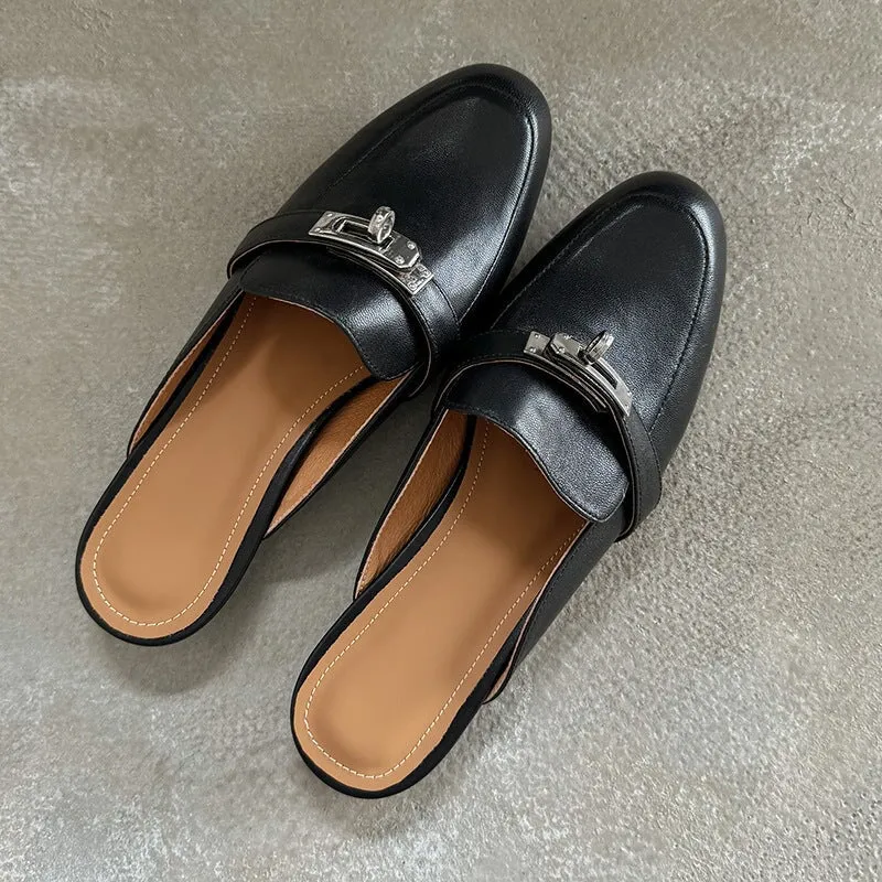 Handmade Leather Loafer Mules for Women Backless Flats Slippers in Black/Beige