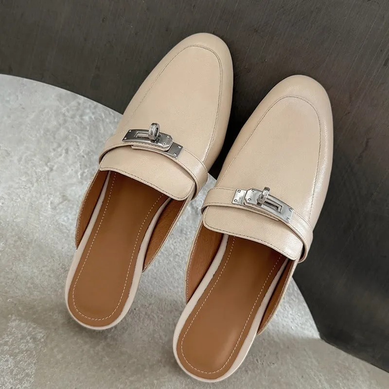 Handmade Leather Loafer Mules for Women Backless Flats Slippers in Black/Beige