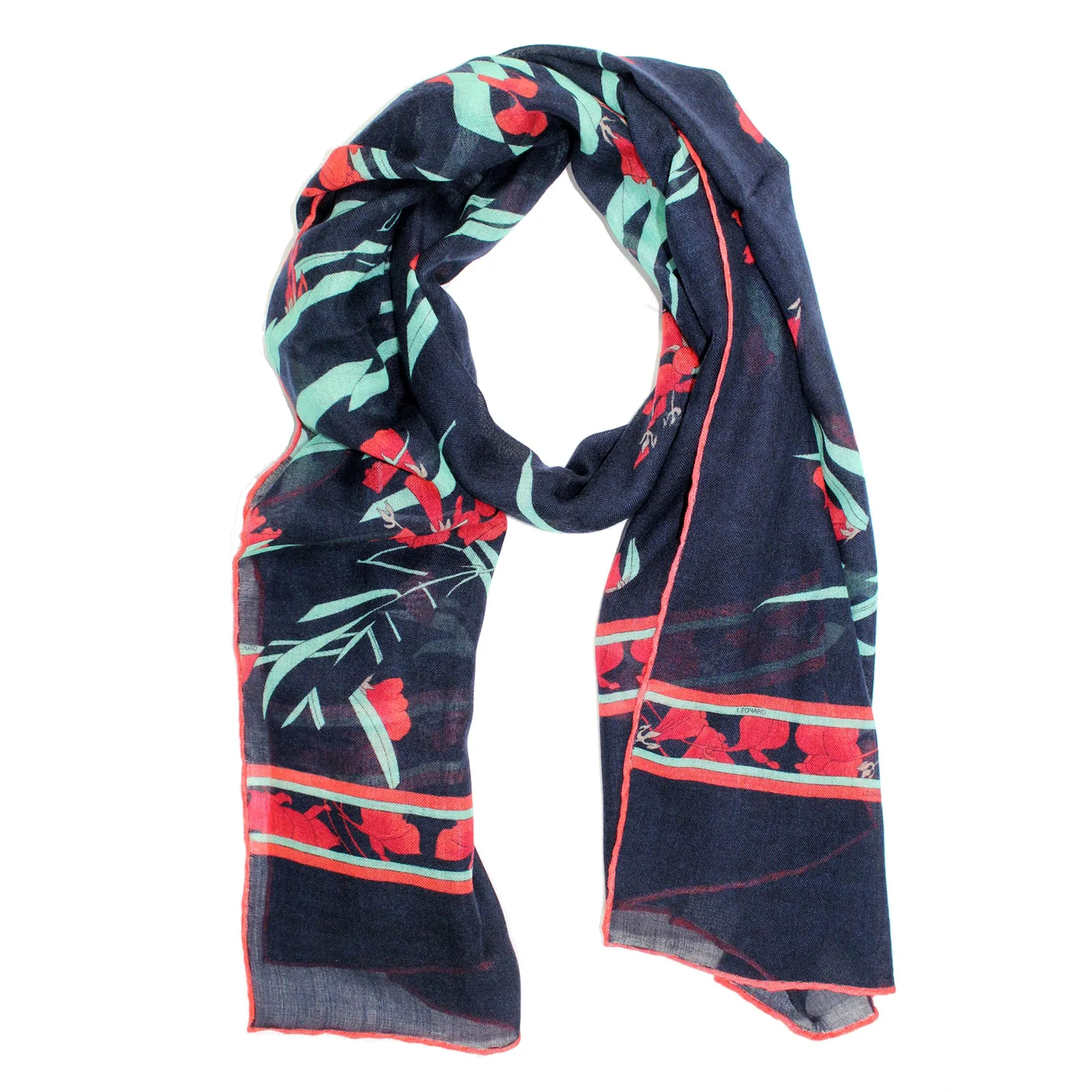 Leonard Paris Scarf Black Green Orange Floral - Cashmere Silk Shawl SALE