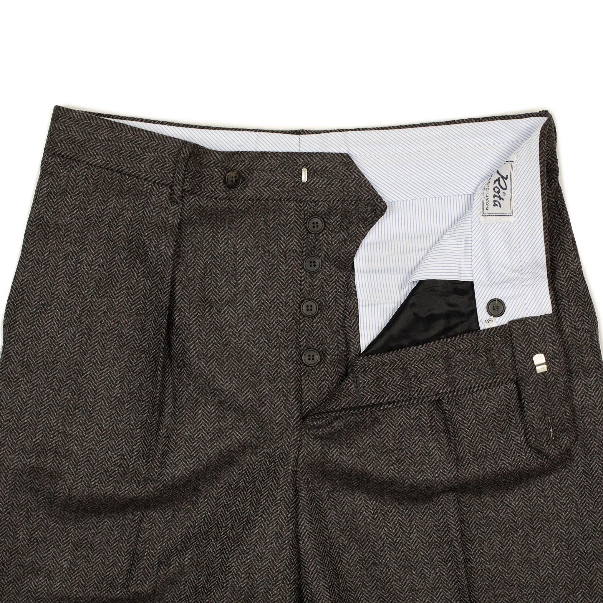 Manhattan high-rise wide tapered pleated trousers in grey tweed-like herringbone wool cashmere (restock)