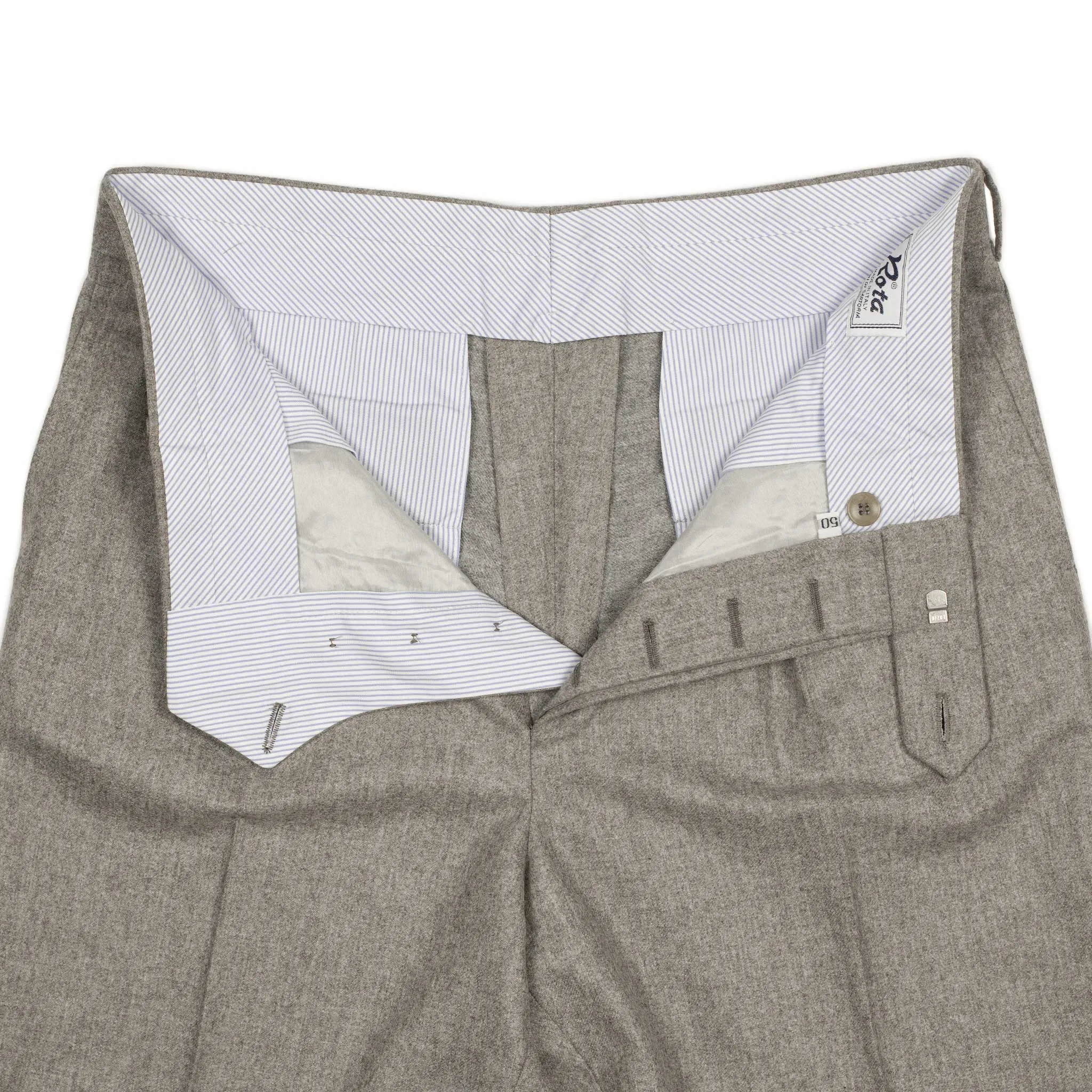 Manhattan high-rise wide tapered pleated trousers in oatmeal wool flannel (restock)