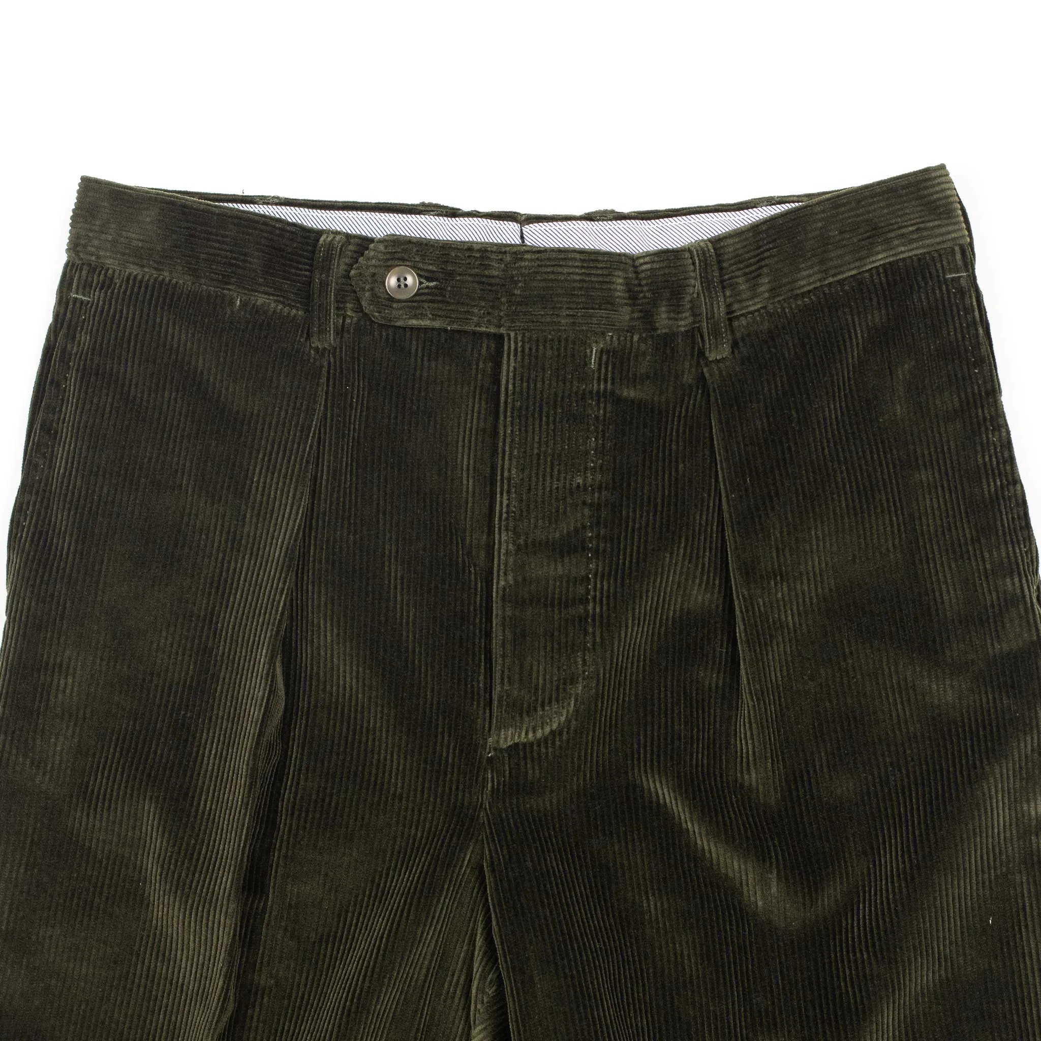 Manhattan pleated high-rise wider fit tapered trousers in dark green Brisbane Moss cotton corduroy