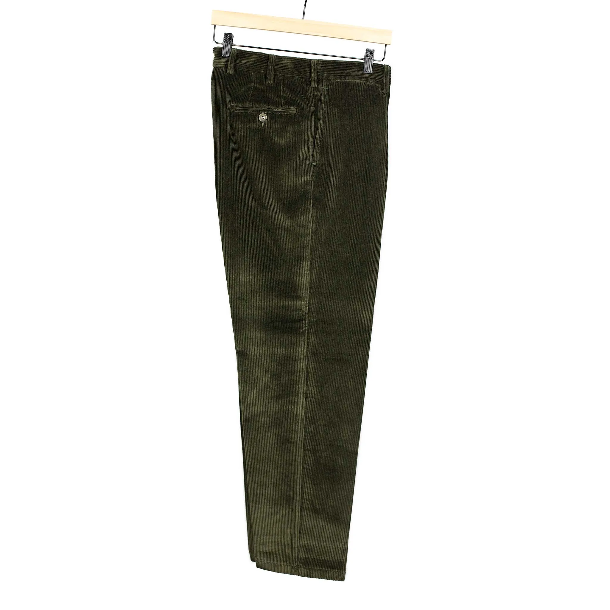 Manhattan pleated high-rise wider fit tapered trousers in dark green Brisbane Moss cotton corduroy