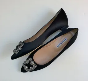 Manolo Blahnik Hangisi Black Satin Rhinestone Buckle Flats