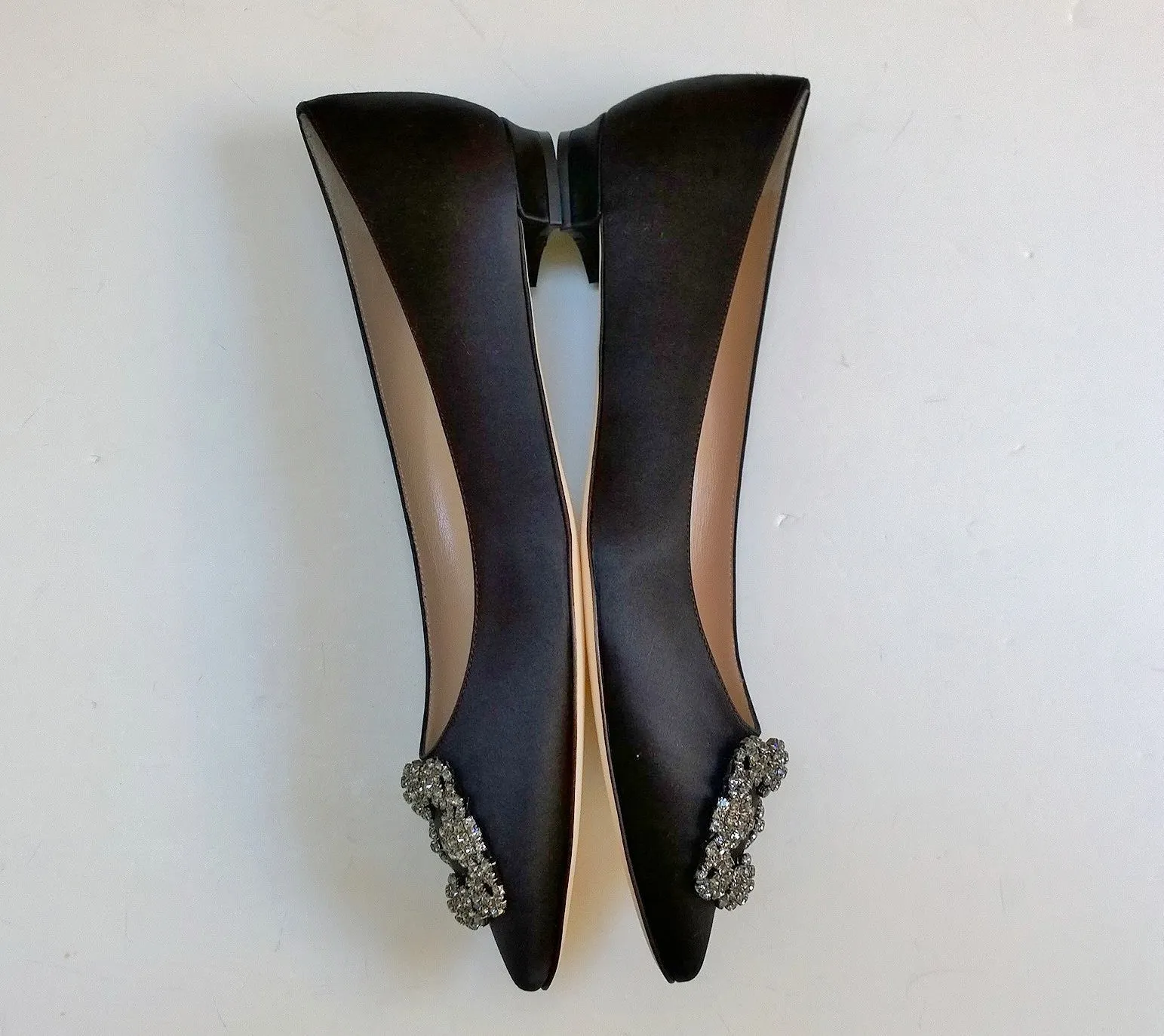 Manolo Blahnik Hangisi Black Satin Rhinestone Buckle Flats