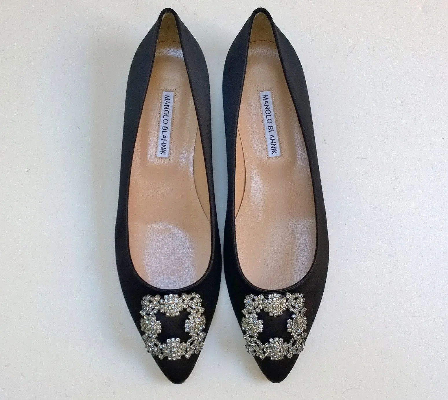 Manolo Blahnik Hangisi Black Satin Rhinestone Buckle Flats