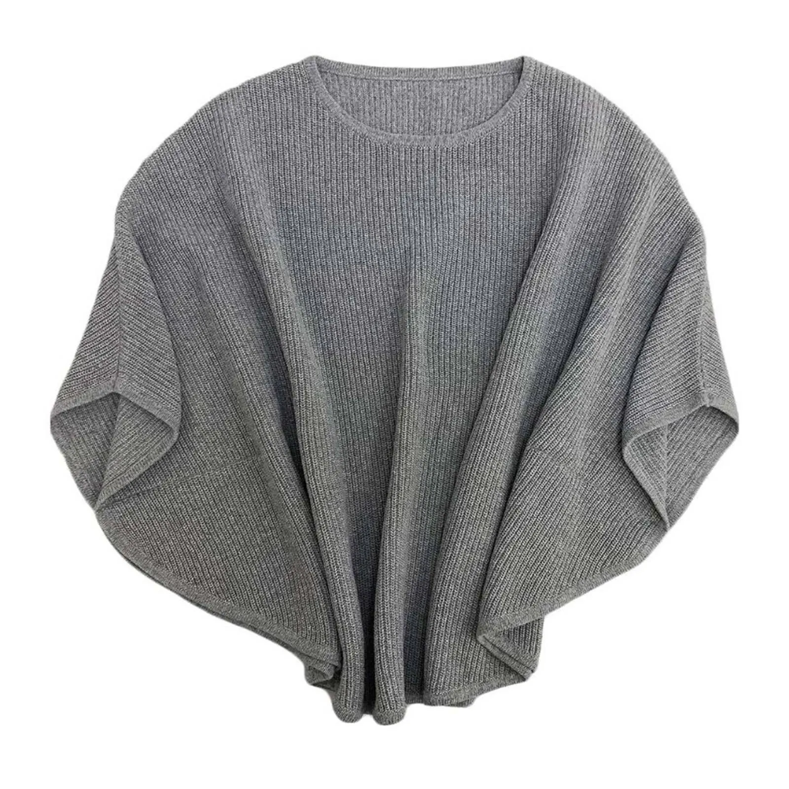 NC Crewneck Batwing Sleeve Knitted Poncho Pullovers Sweater in Grey