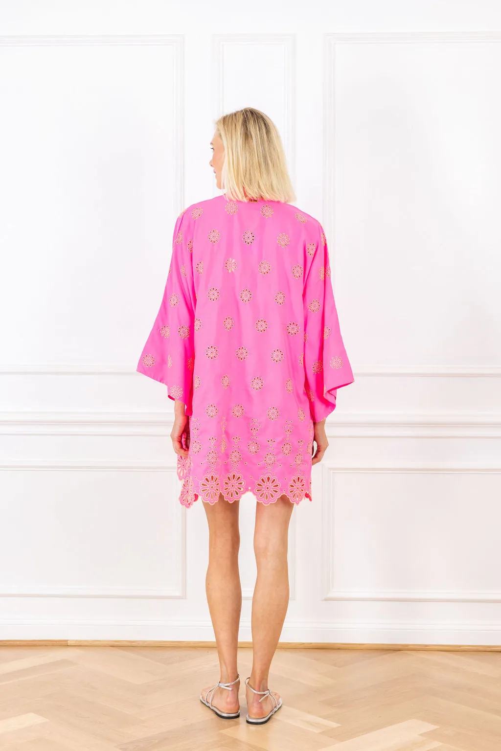 neon floral eyelet mini caftan