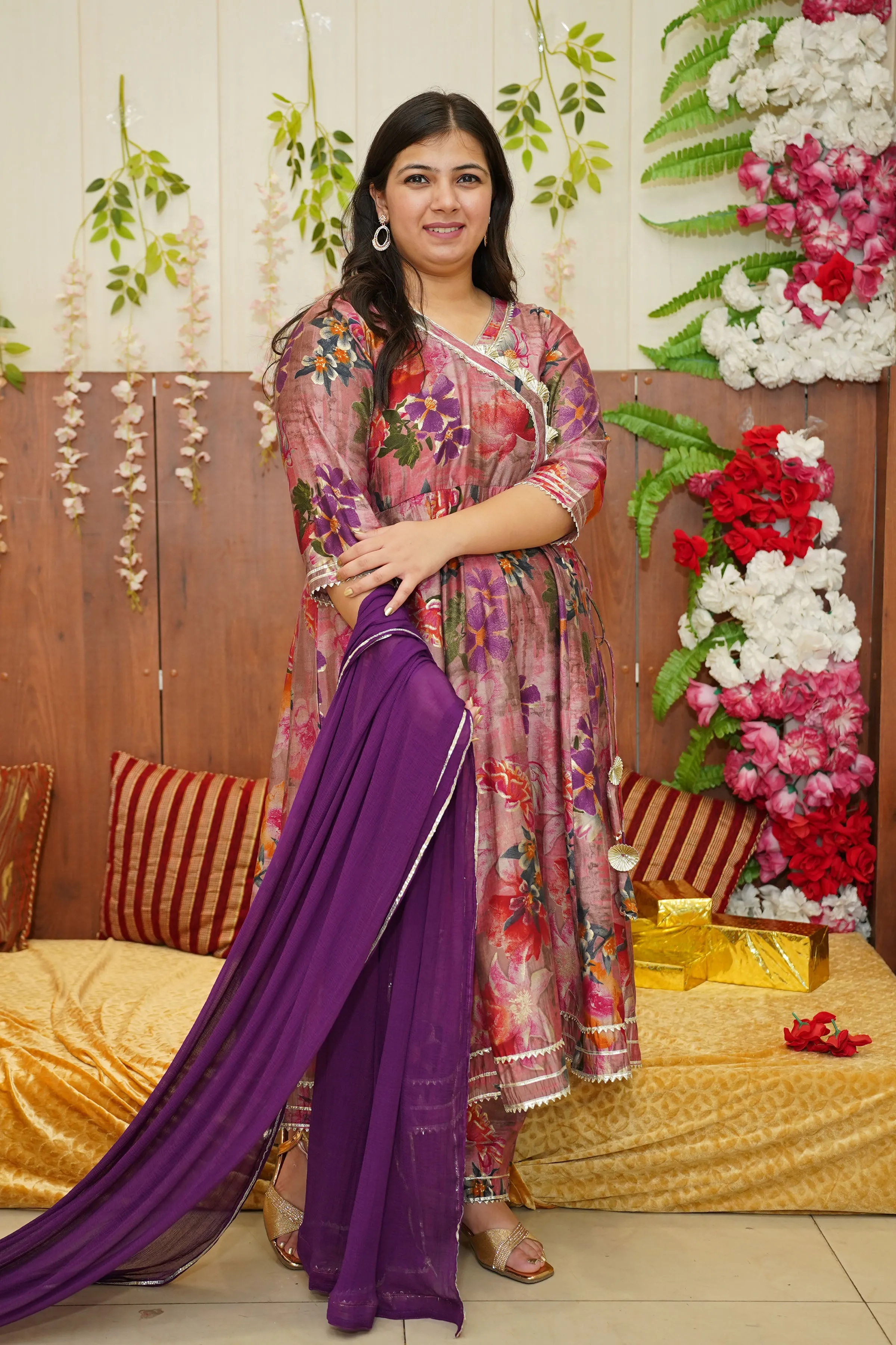 Onion Orchid Floral Anarkali Set