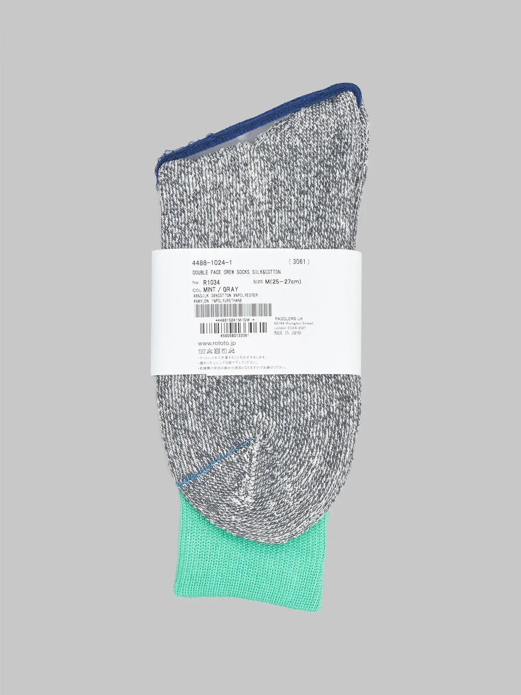 ROTOTO Double Face Crew Socks "Silk & Cotton" Mint/Grey