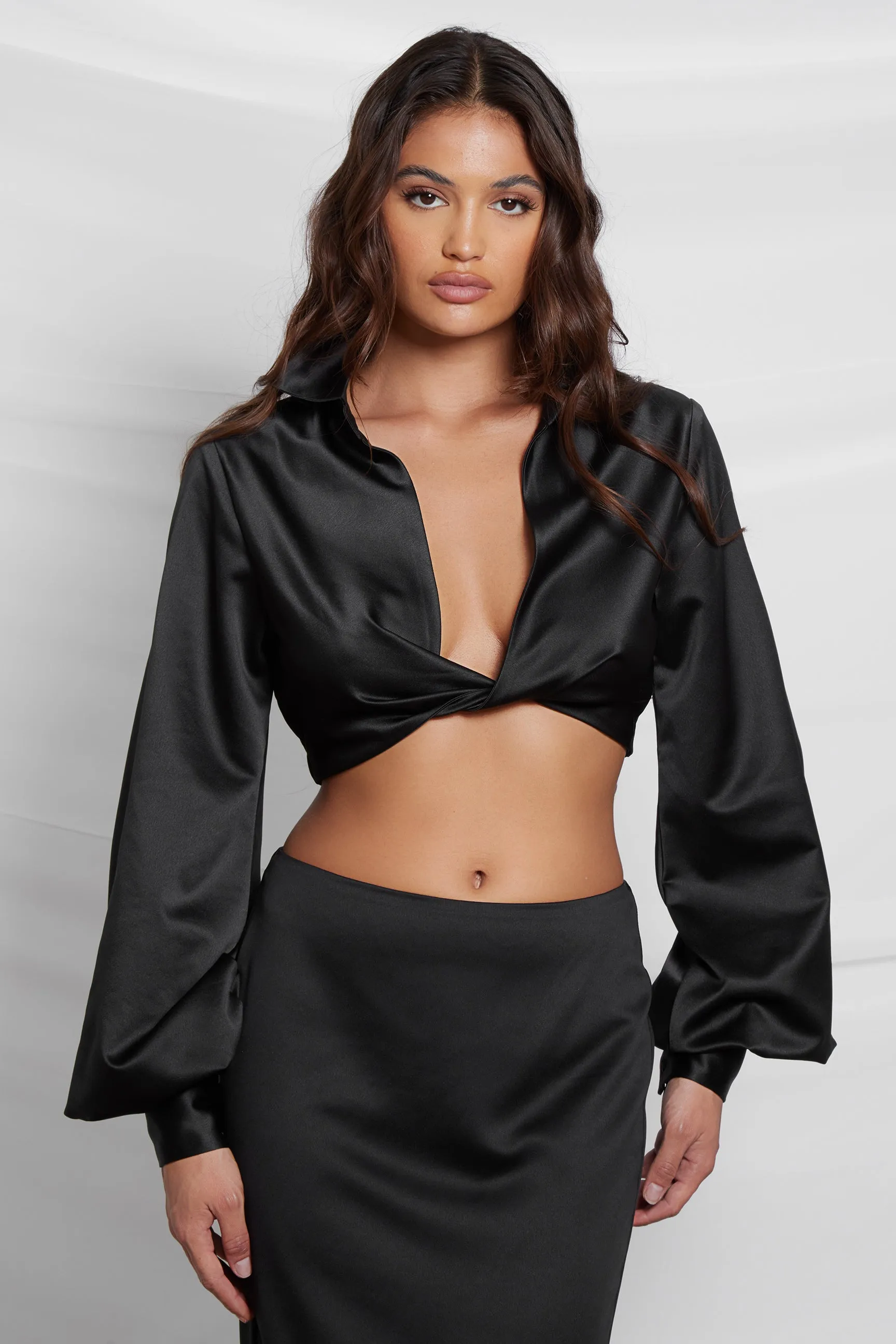 Seraphina Satin Plunge Crop Top - Black