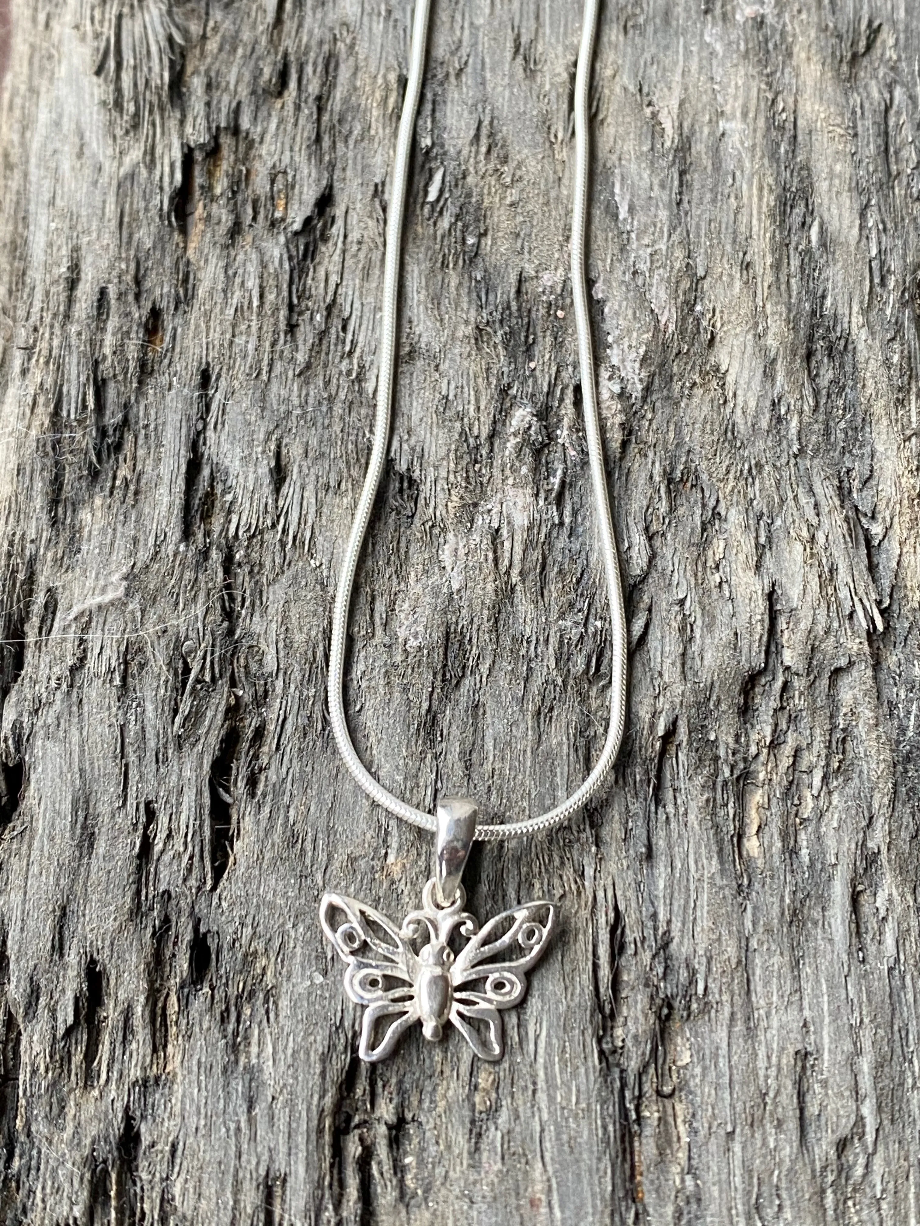 Solid Silver Simple Butterfly Pendant and Chain