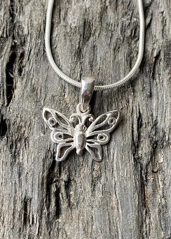 Solid Silver Simple Butterfly Pendant and Chain