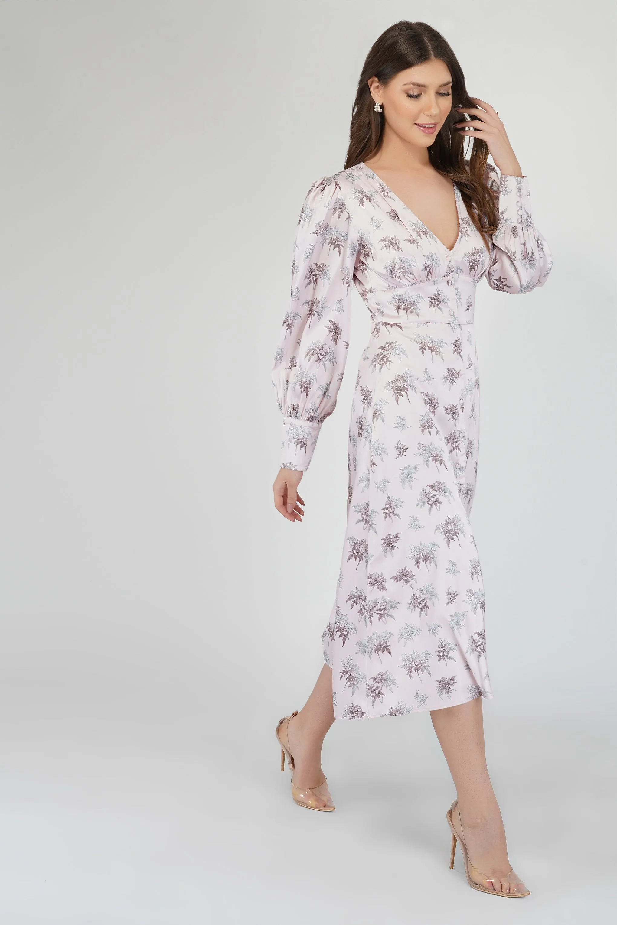 Tessa Long Sleeve Satin Midi Dress in Pink