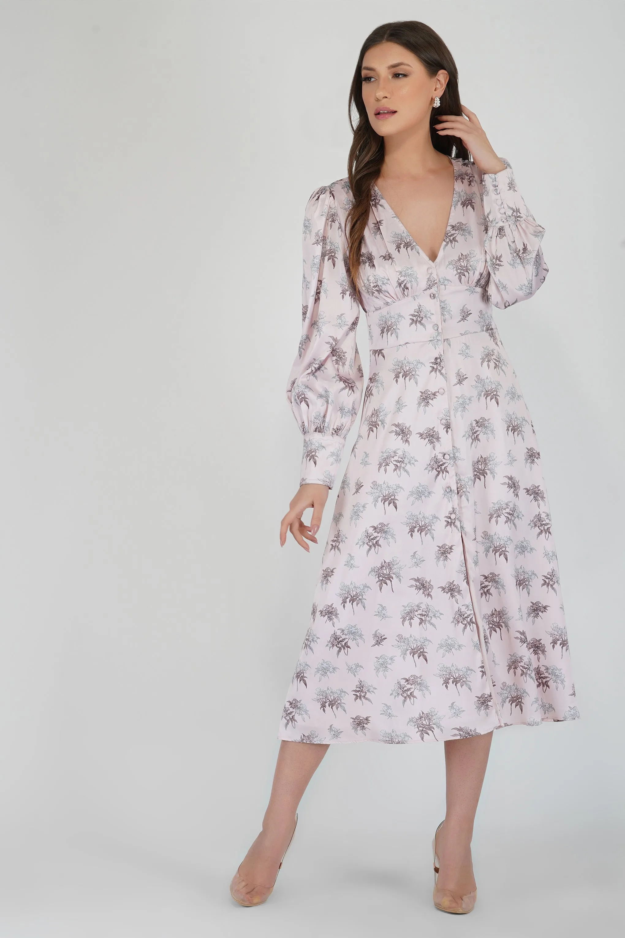 Tessa Long Sleeve Satin Midi Dress in Pink