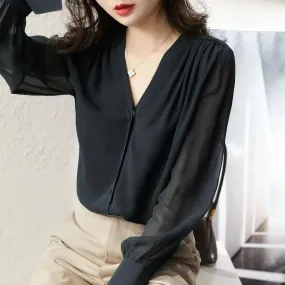 Transparent Chiffon Blouse for Women - Loose Fit V-Neck Summer Top